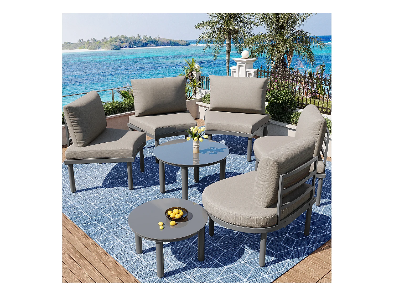 Salon de jardin (10 places), 4 tables gigognes en verre trempé, cadre en fer galvanisé, coussins gris inclus (70x60x78 cm)