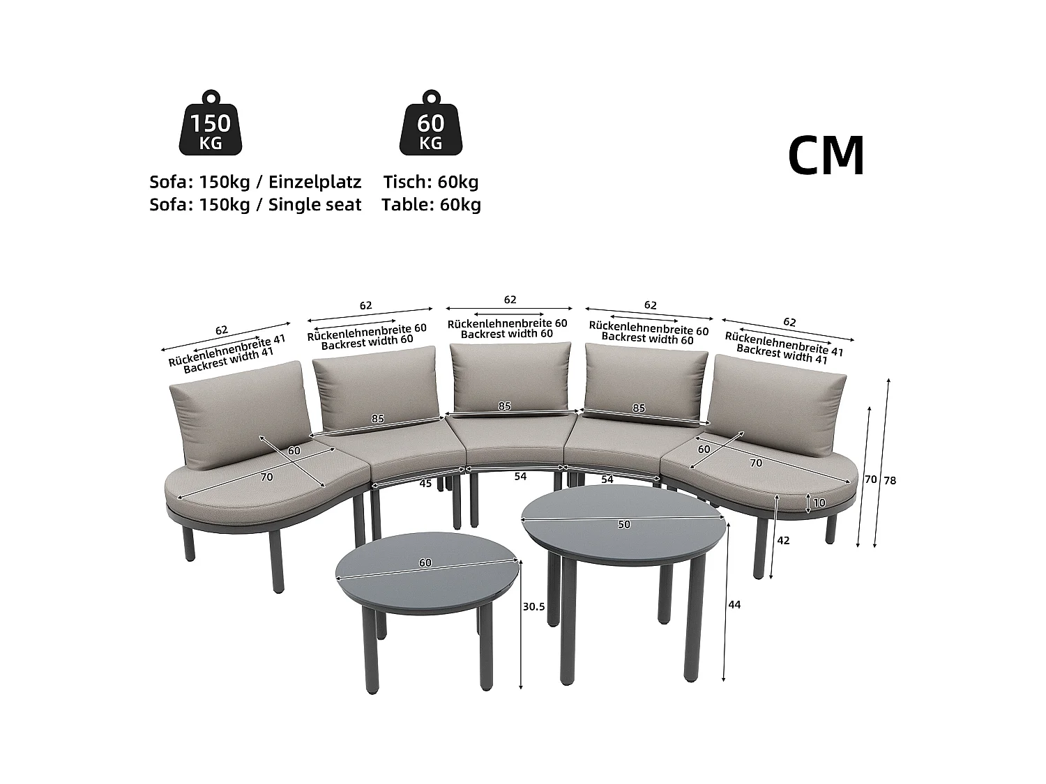 Salon de jardin (10 places), 4 tables gigognes en verre trempé, cadre en fer galvanisé, coussins gris inclus (70x60x78 cm)