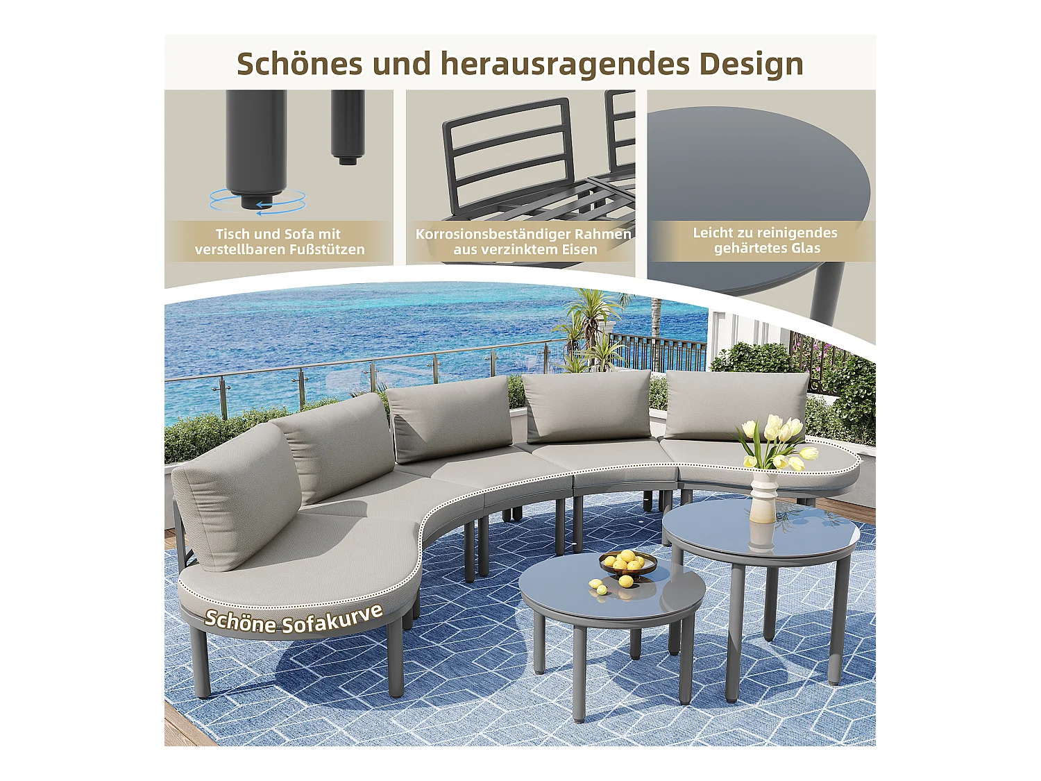 Salon de jardin (10 places), 4 tables gigognes en verre trempé, cadre en fer galvanisé, coussins gris inclus (70x60x78 cm)