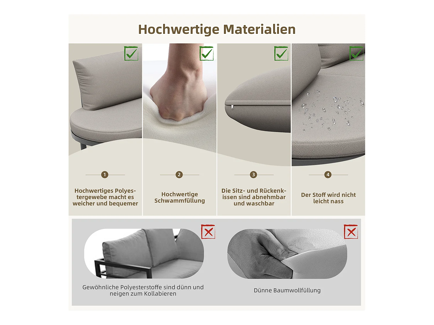 Salon de jardin (10 places), 4 tables gigognes en verre trempé, cadre en fer galvanisé, coussins gris inclus (70x60x78 cm)