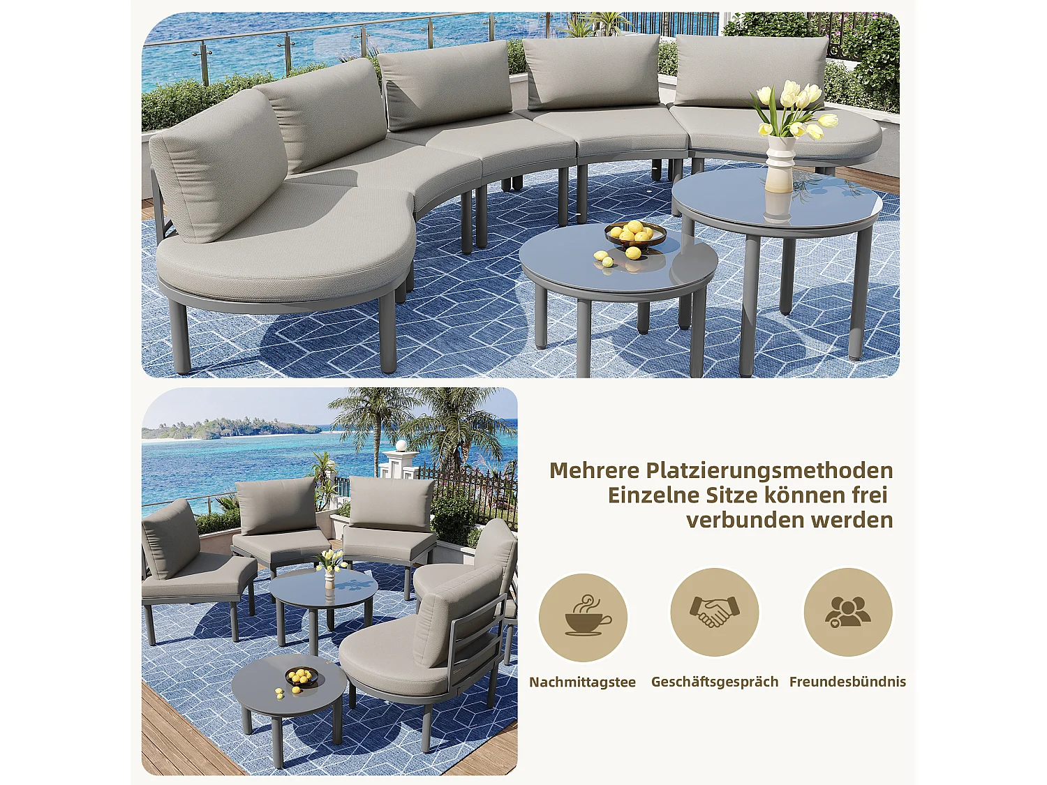 Salon de jardin (10 places), 4 tables gigognes en verre trempé, cadre en fer galvanisé, coussins gris inclus (70x60x78 cm)