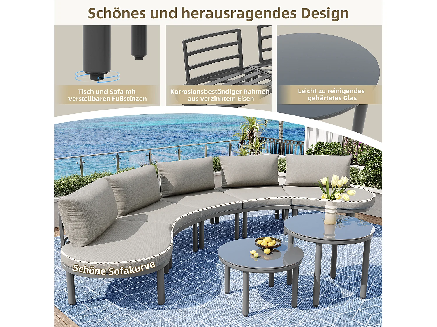 Tuinmeubelset (10 zitplaatsen), 4 bijzettafels van gehard glas, frame van gegalvaniseerd ijzer, inclusief grijze kussens (70x60x78 cm)