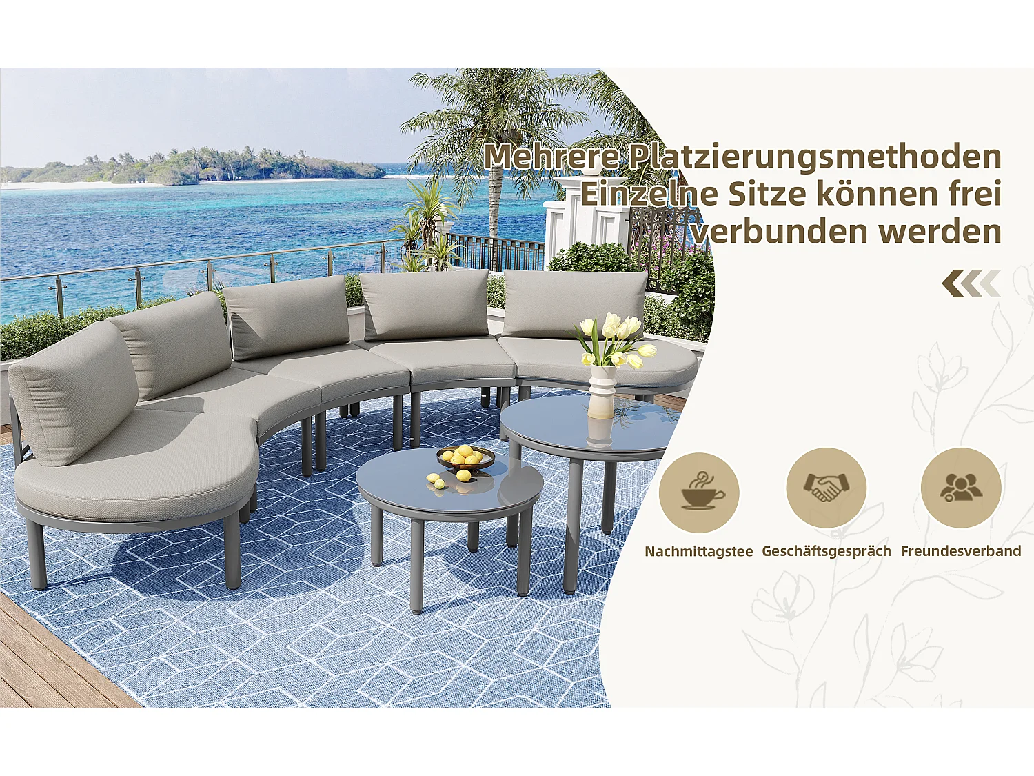 Tuinmeubelset (10 zitplaatsen), 4 bijzettafels van gehard glas, frame van gegalvaniseerd ijzer, inclusief grijze kussens (70x60x78 cm)