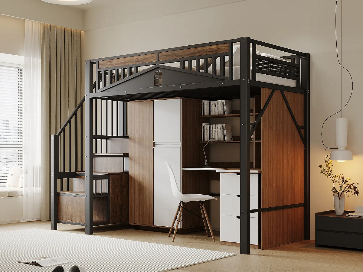 Lit mezzanine métal 90 x 200 cm, sécurité renforcée avec fenêtres, échelle sécurisée avec rangement, noir (255x95x170 cm)