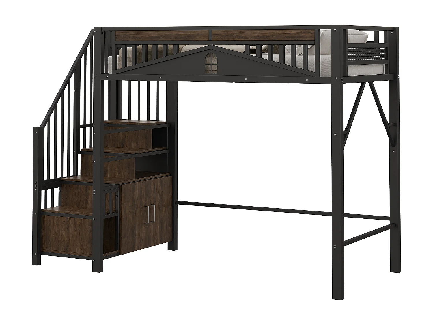 Lit mezzanine métal 90 x 200 cm, sécurité renforcée avec fenêtres, échelle sécurisée avec rangement, noir (255x95x170 cm)