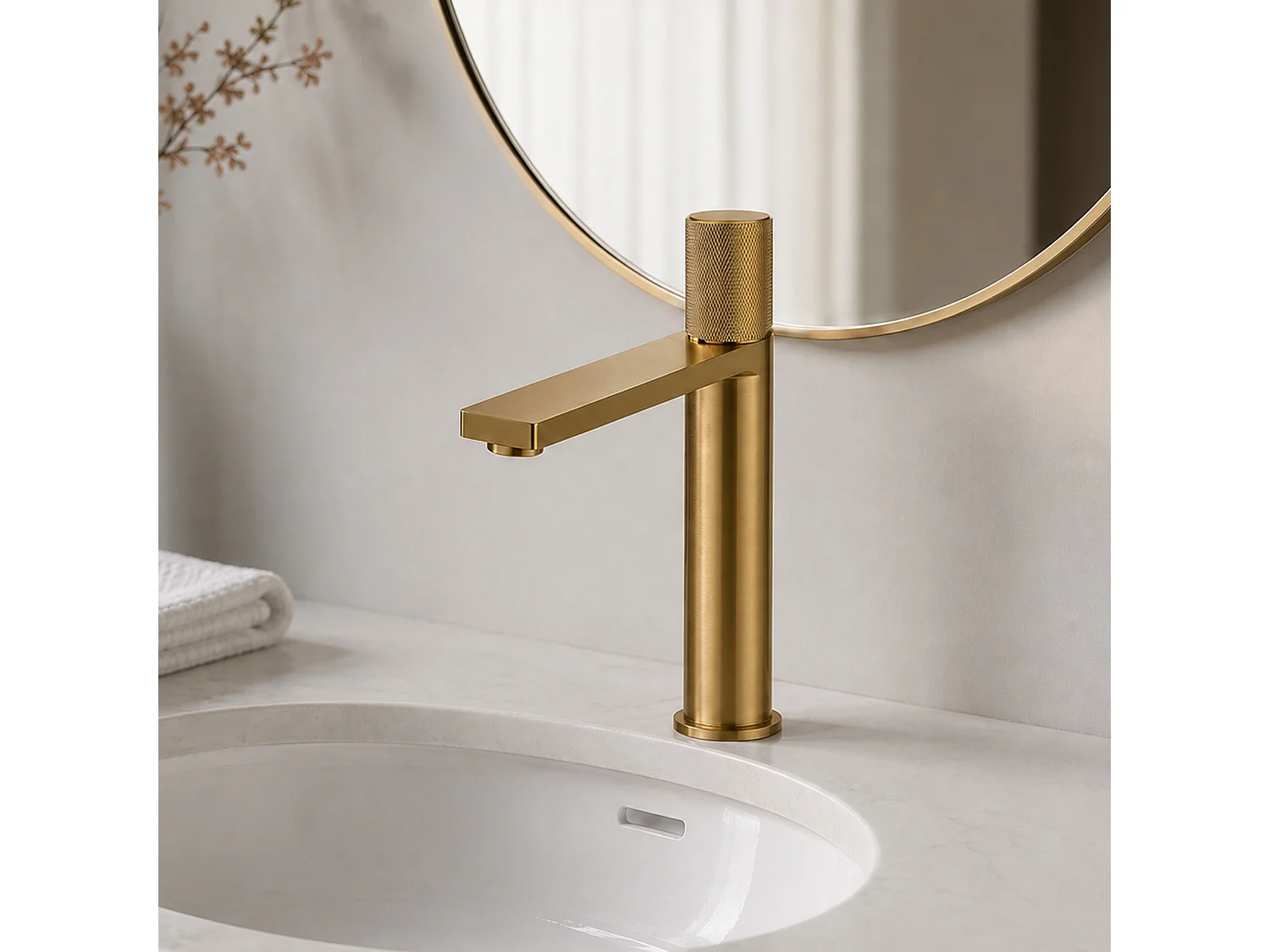 Robinet mitigeur haut salle de bain strié finition or brossé