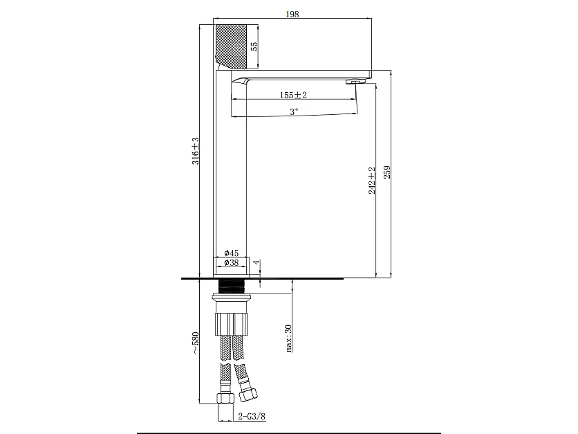 Robinet mitigeur haut salle de bain strié finition or brossé