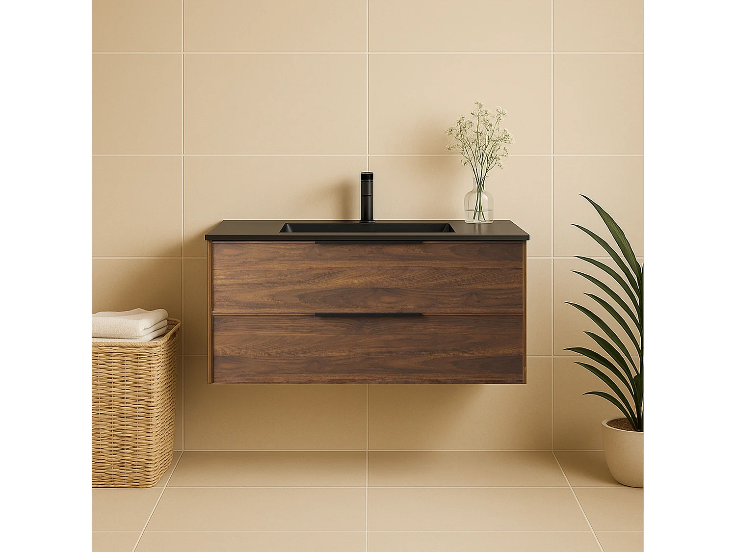 Meuble de salle de bain avec vasque effet noyer 100 cm Aquasila