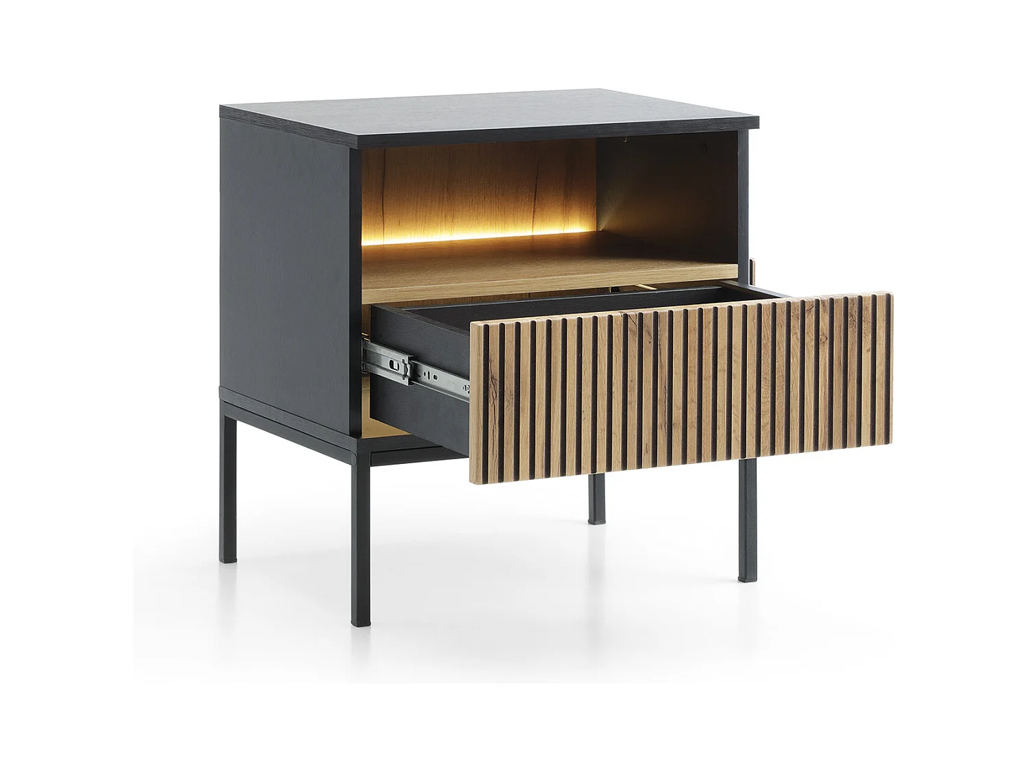 Moderner Nachttisch mit geriffelter Front, 54×56×39 cm, Schwarz / Wotan Eiche