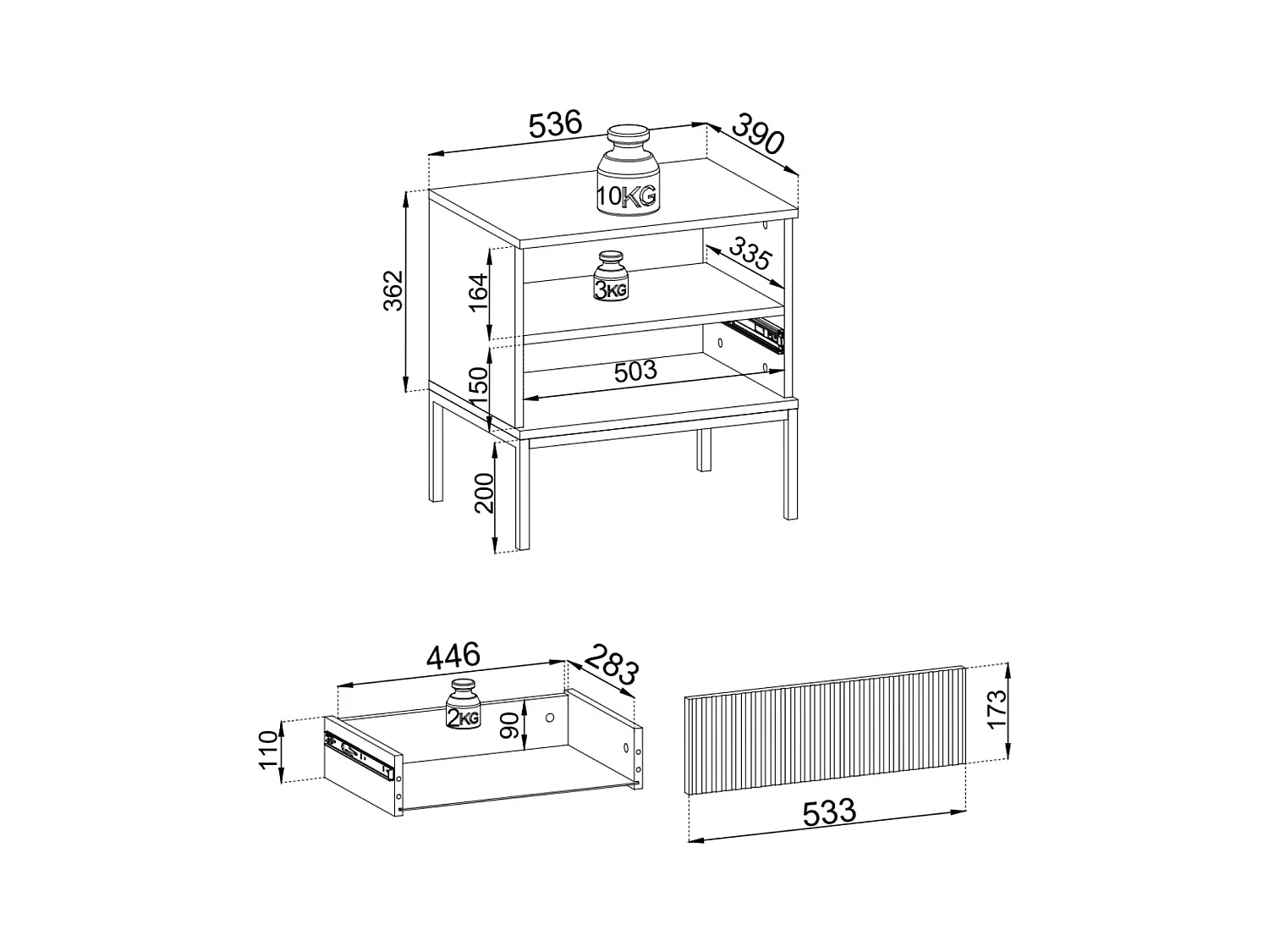Moderner Nachttisch mit geriffelter Front, 54×56×39 cm, Schwarz / Wotan Eiche