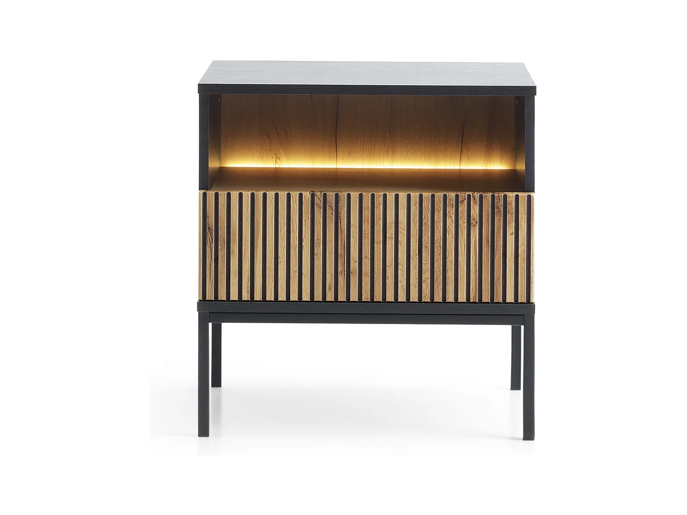 Modern nachtkastje met gecanneleerde voorkant, 54×56×39 cm, Zwart / Wotan Eiken
