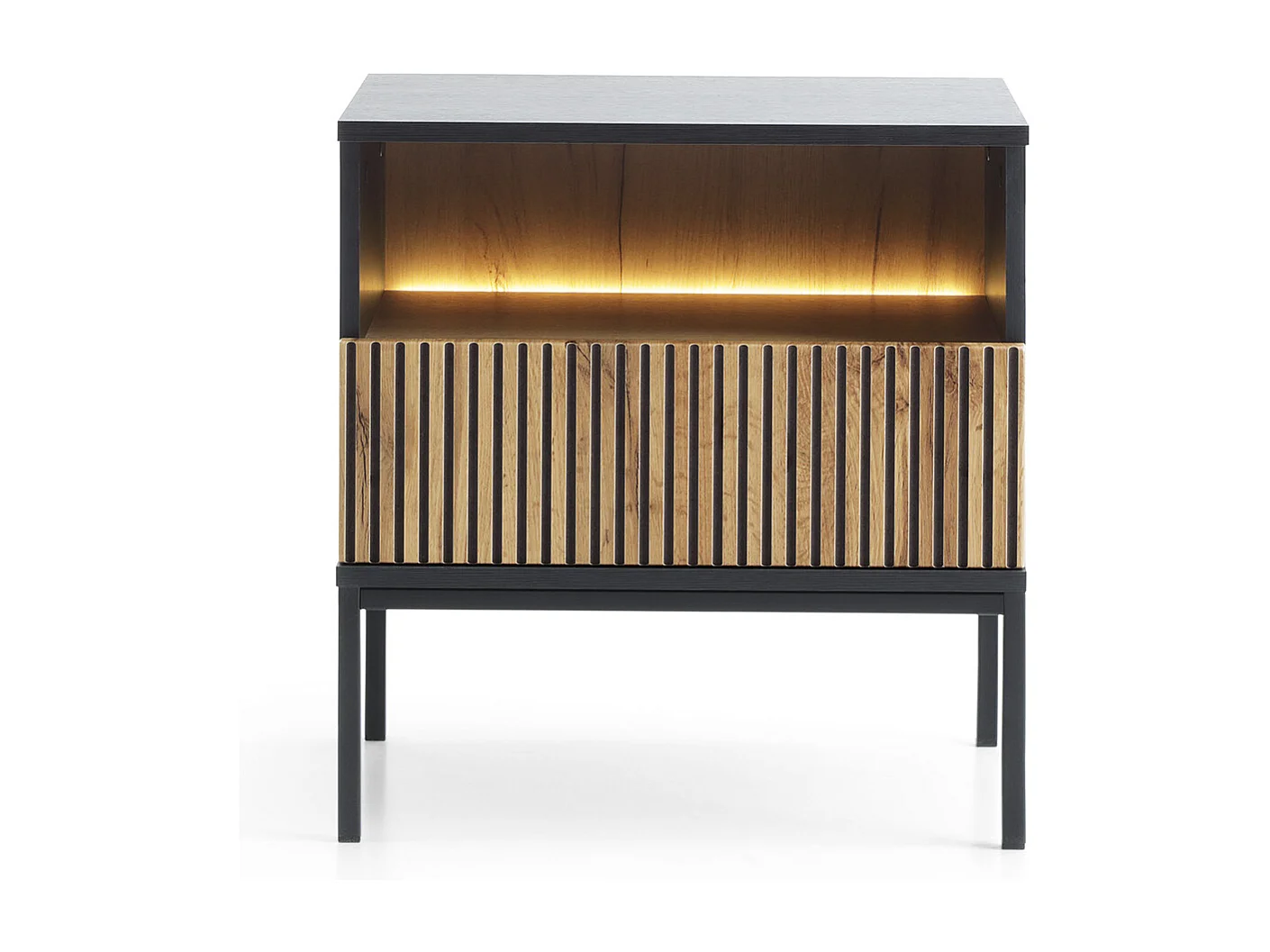 Mesa de cabeceira moderna com frente canelada, 54×56×39 cm, Preto / Carvalho Wotan