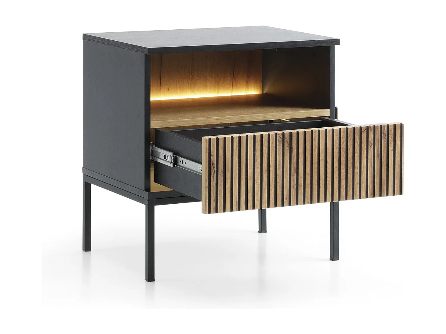 Mesa de cabeceira moderna com frente canelada, 54×56×39 cm, Preto / Carvalho Wotan