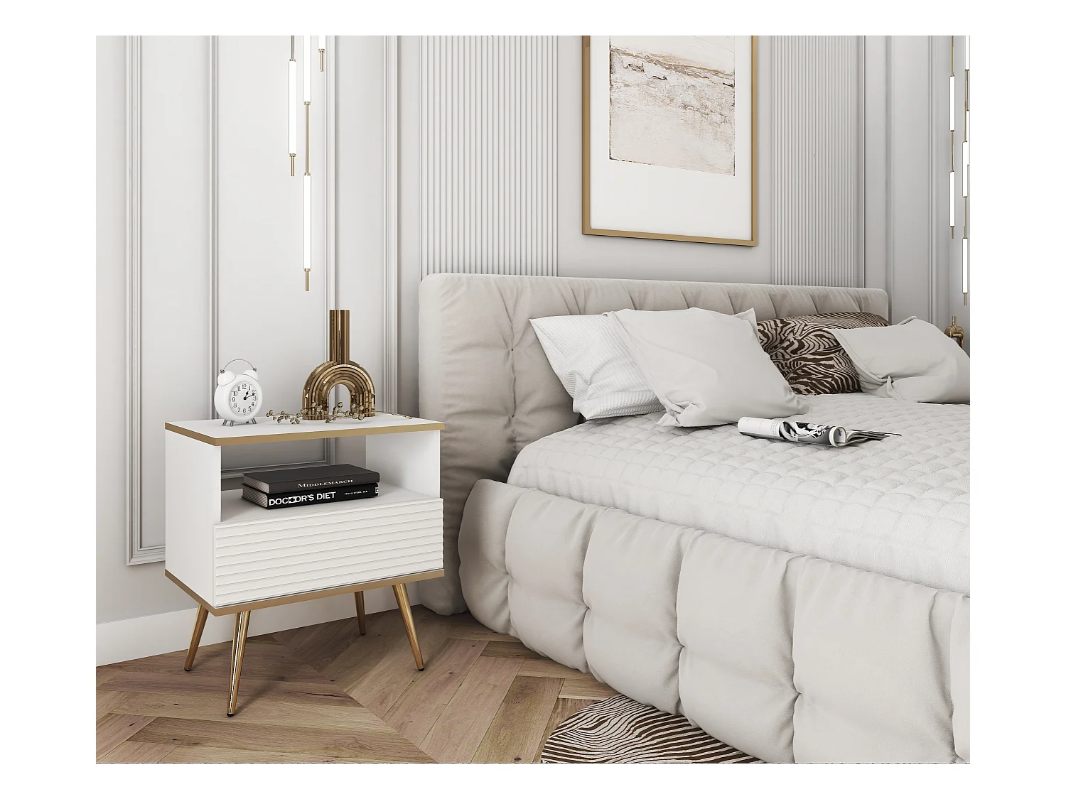 Comodino bianco glamour con gambe dorate, 54 x 59 x 39