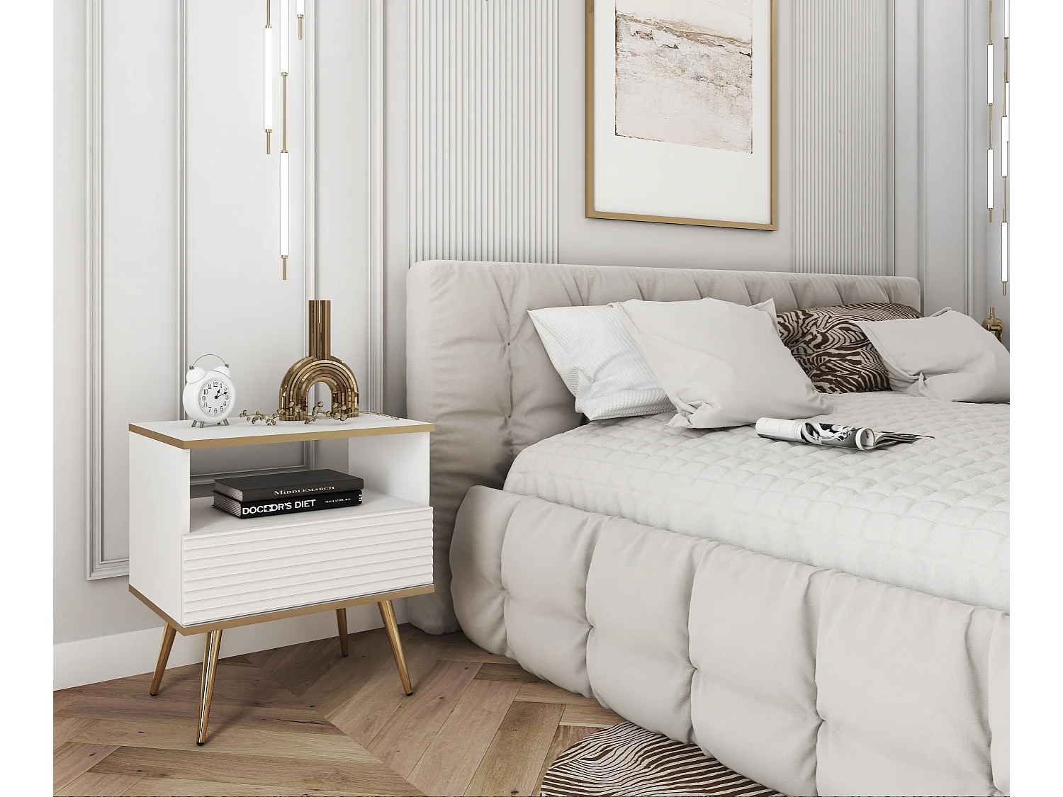 Table de chevet blanche glamour avec pieds dorés, 54 x 59 x 39