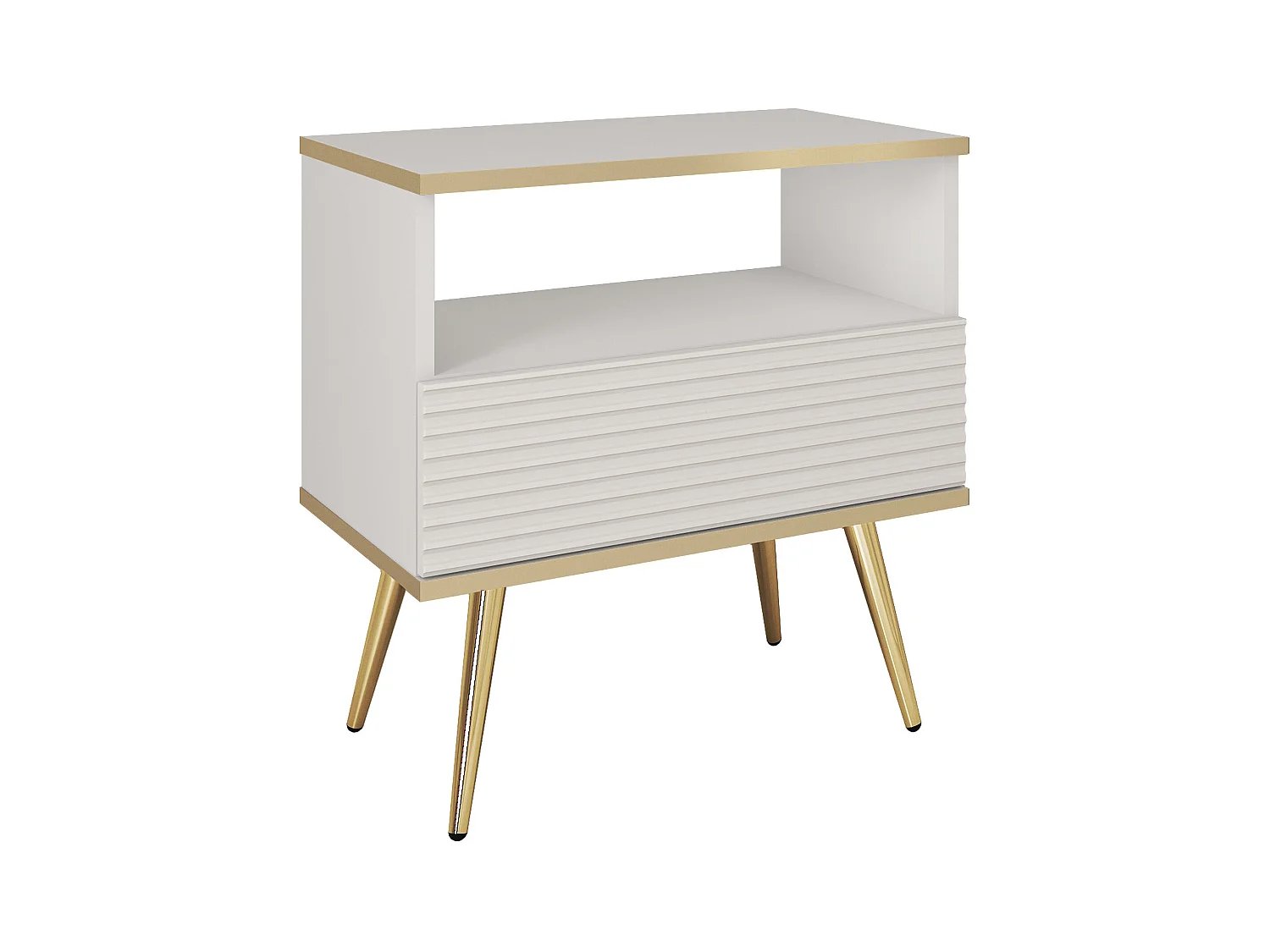 Table de chevet blanche glamour avec pieds dorés, 54 x 59 x 39