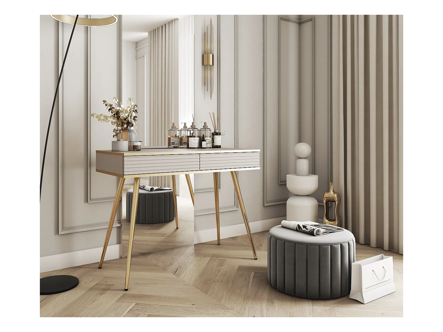 Coiffeuse glamour beige avec pieds dorés, 102 x 80 x 50