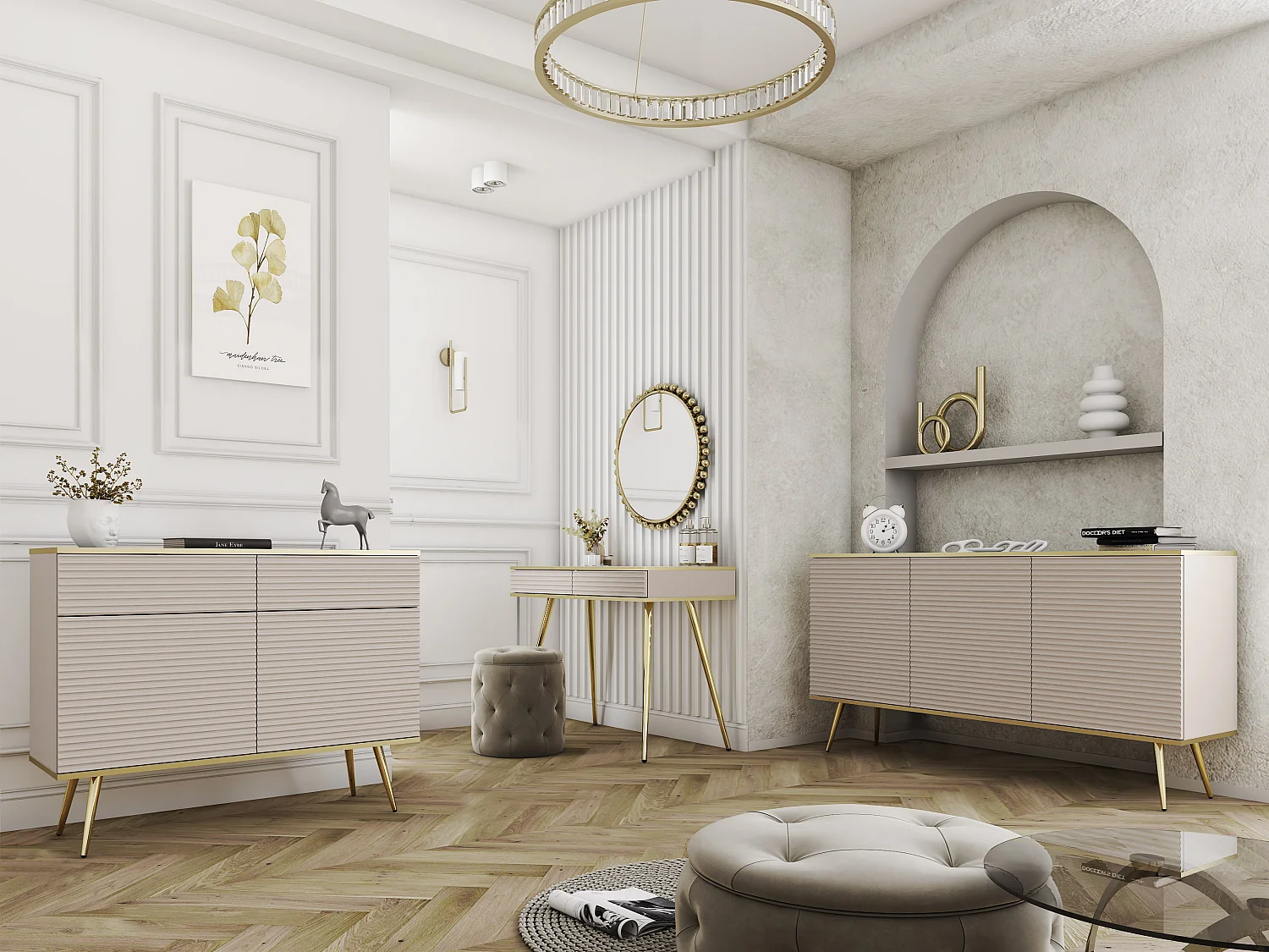 Coiffeuse glamour beige avec pieds dorés, 102 x 80 x 50