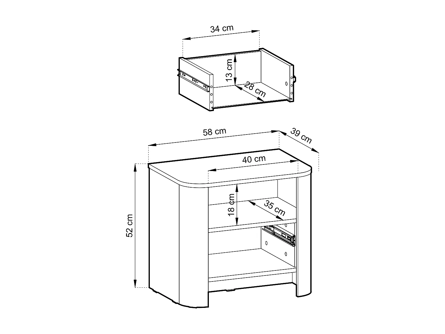 Table de chevet, Chêne Vicenza, 58 x 39 x 52 cm, Meuble moderne aux bords arrondis