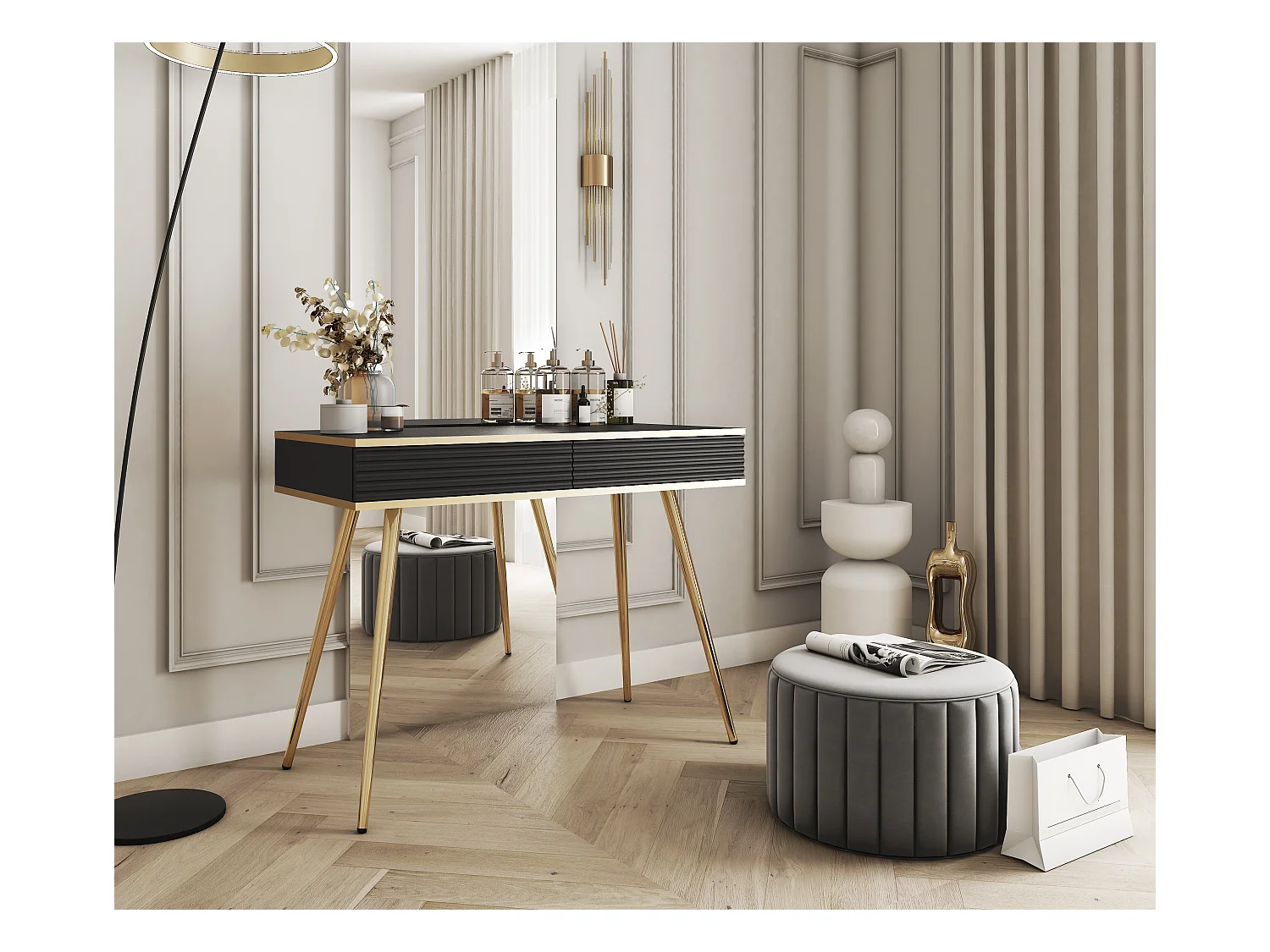 Coiffeuse noire glamour avec pieds dorés, 102 x 80 x 50