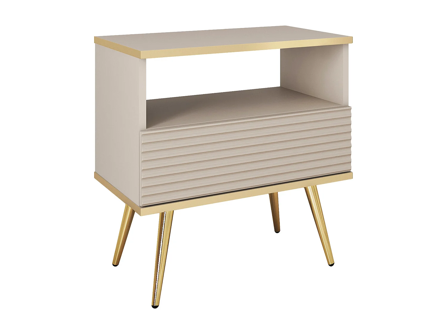Comodino beige glamour con gambe dorate, 54 x 59 x 39