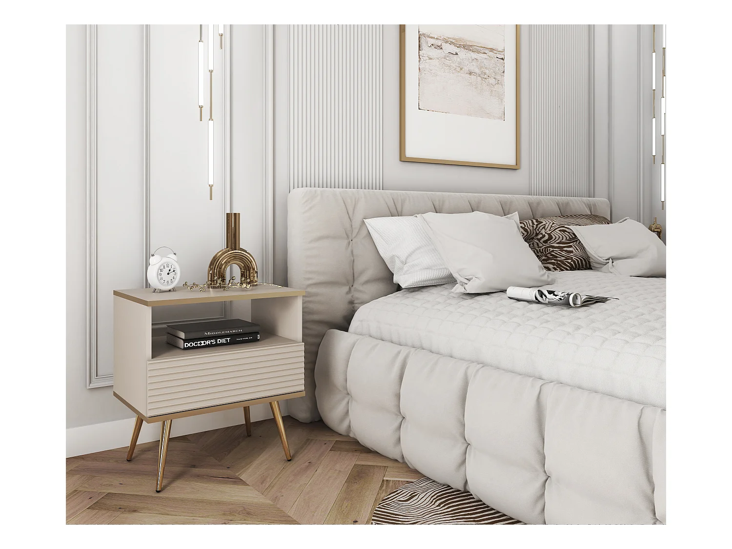 Comodino beige glamour con gambe dorate, 54 x 59 x 39