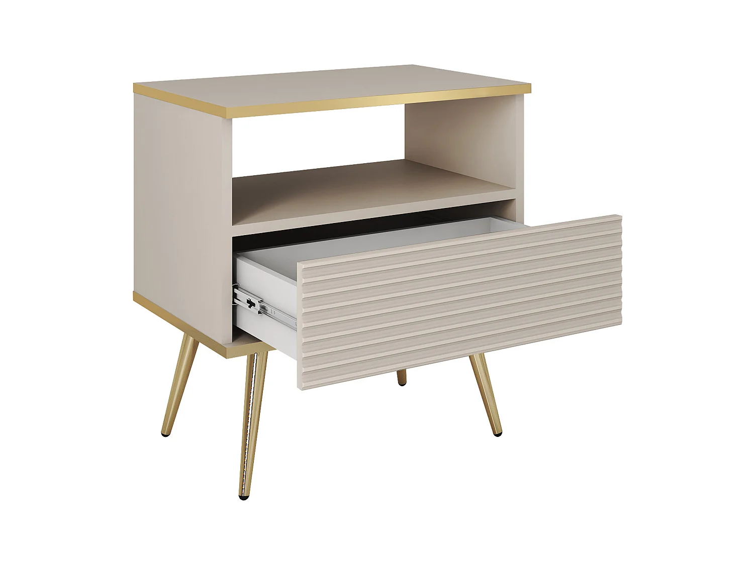 Comodino beige glamour con gambe dorate, 54 x 59 x 39