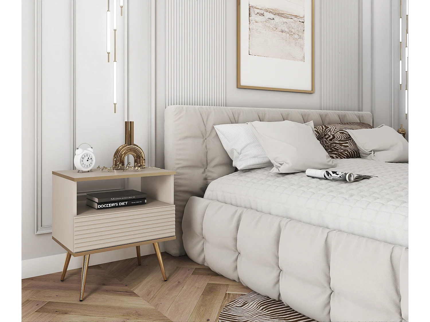 Mesa de cabeceira bege glamorosa com pernas douradas, 54 x 59 x 39