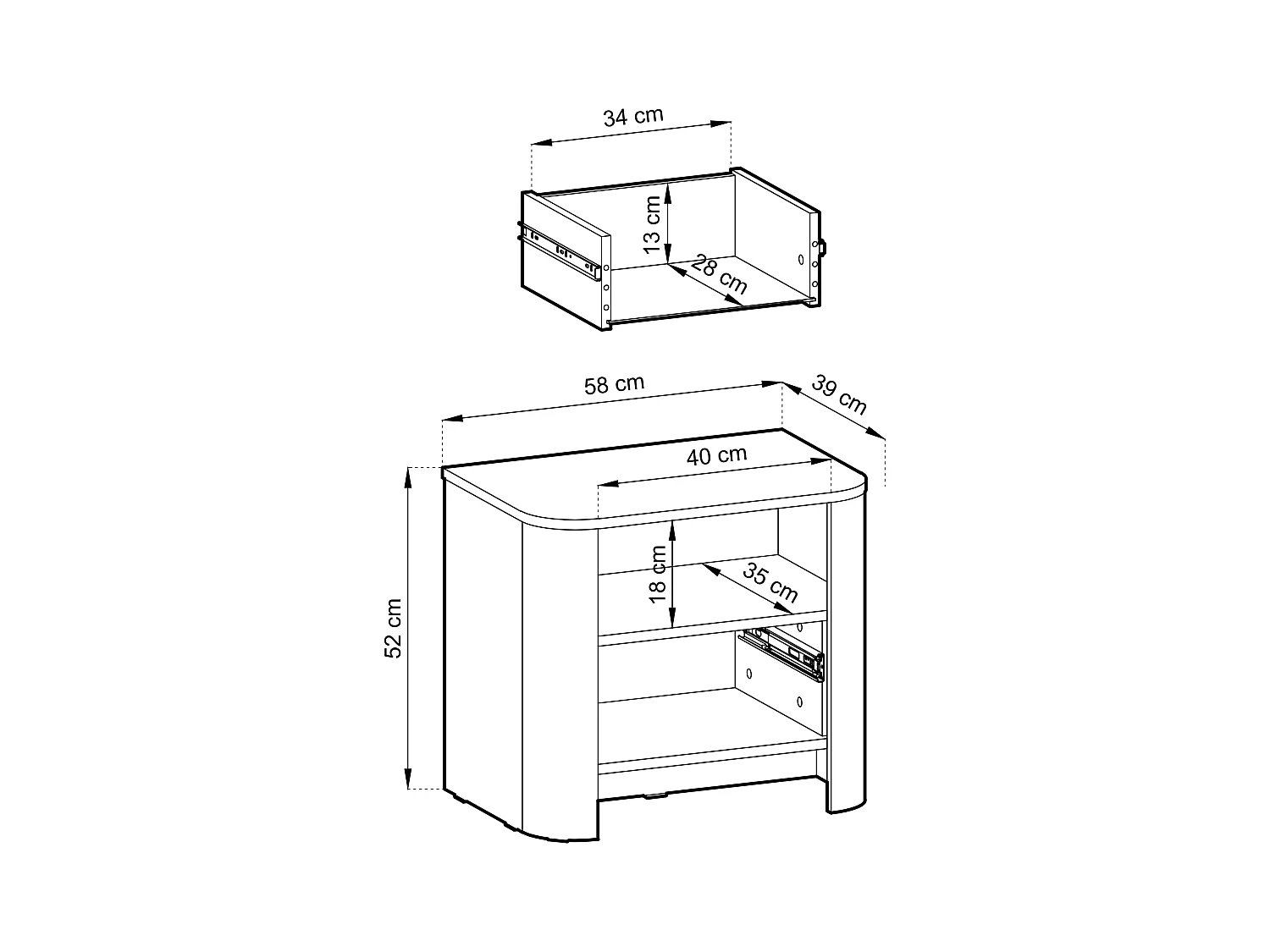 Mesa de cabeceira, Caxemira, 58 x 39 x 52 cm | Móvel moderno com cantos arredondados