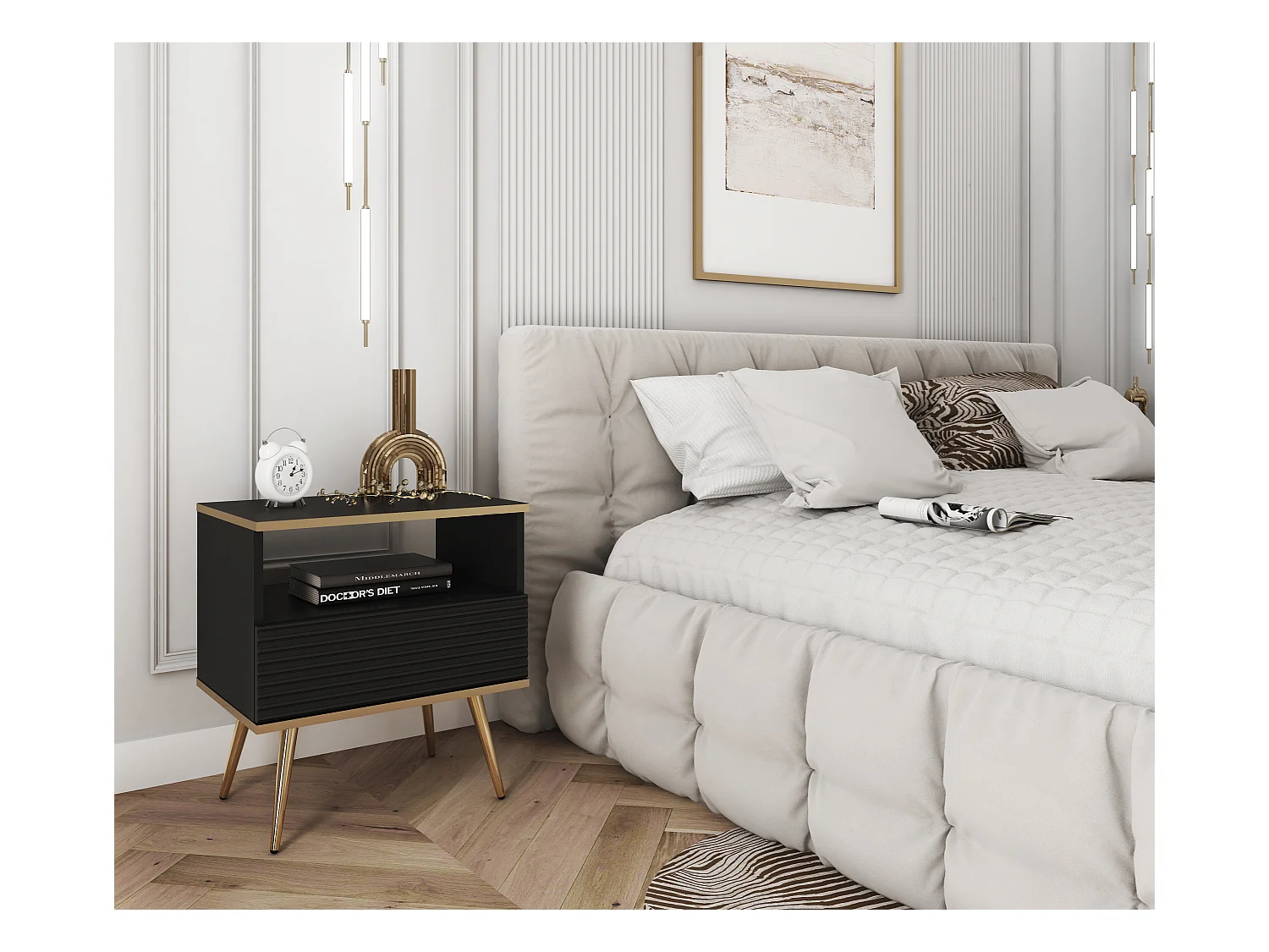 Comodino nero glamour con gambe dorate, 54 x 59 x 39