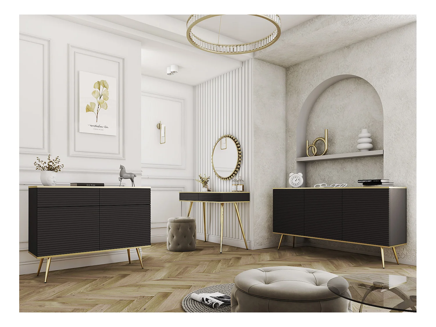 Comodino nero glamour con gambe dorate, 54 x 59 x 39