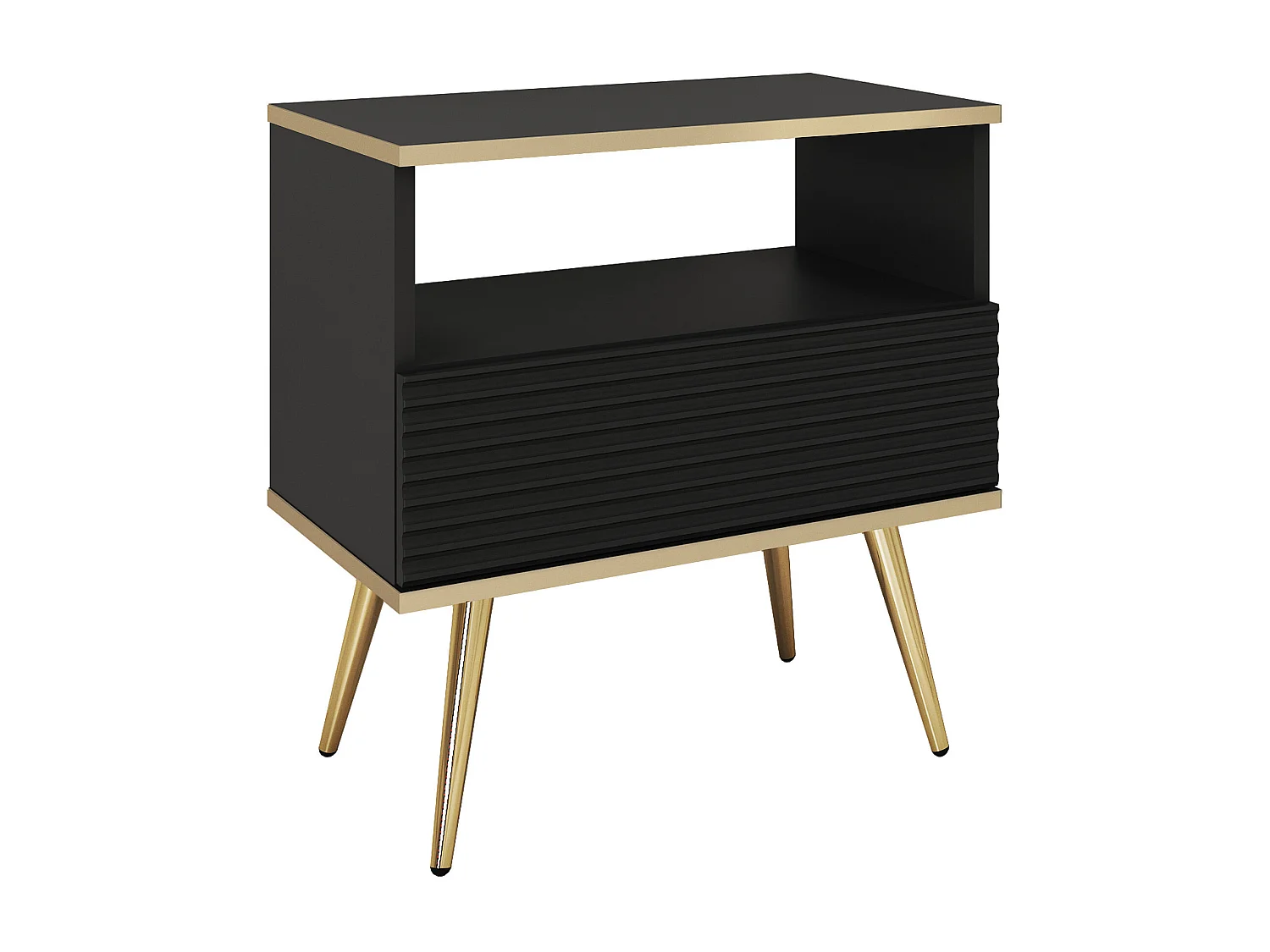 Table de chevet noire glamour avec pieds dorés, 54 x 59 x 39