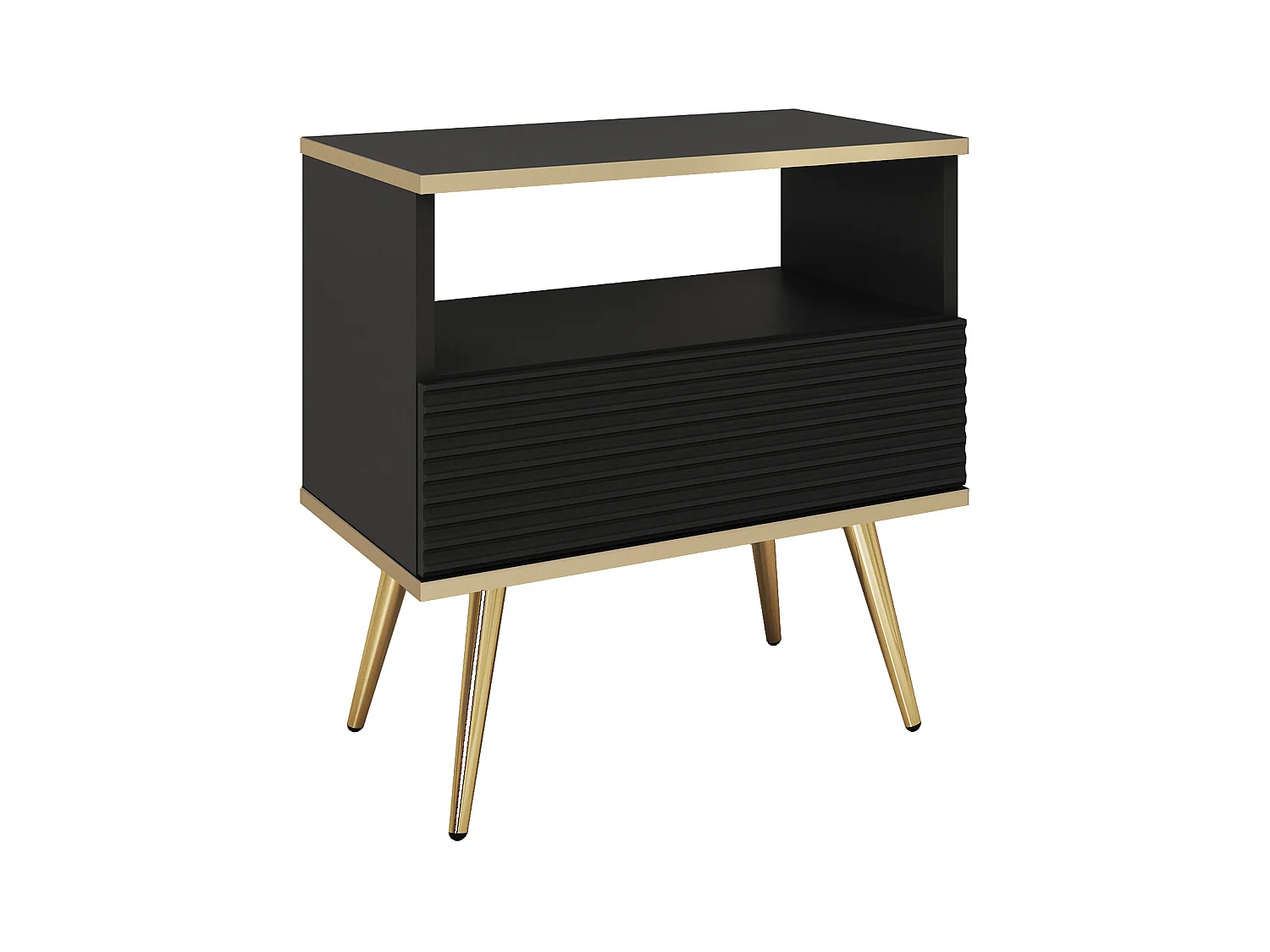 Table de chevet noire glamour avec pieds dorés, 54 x 59 x 39