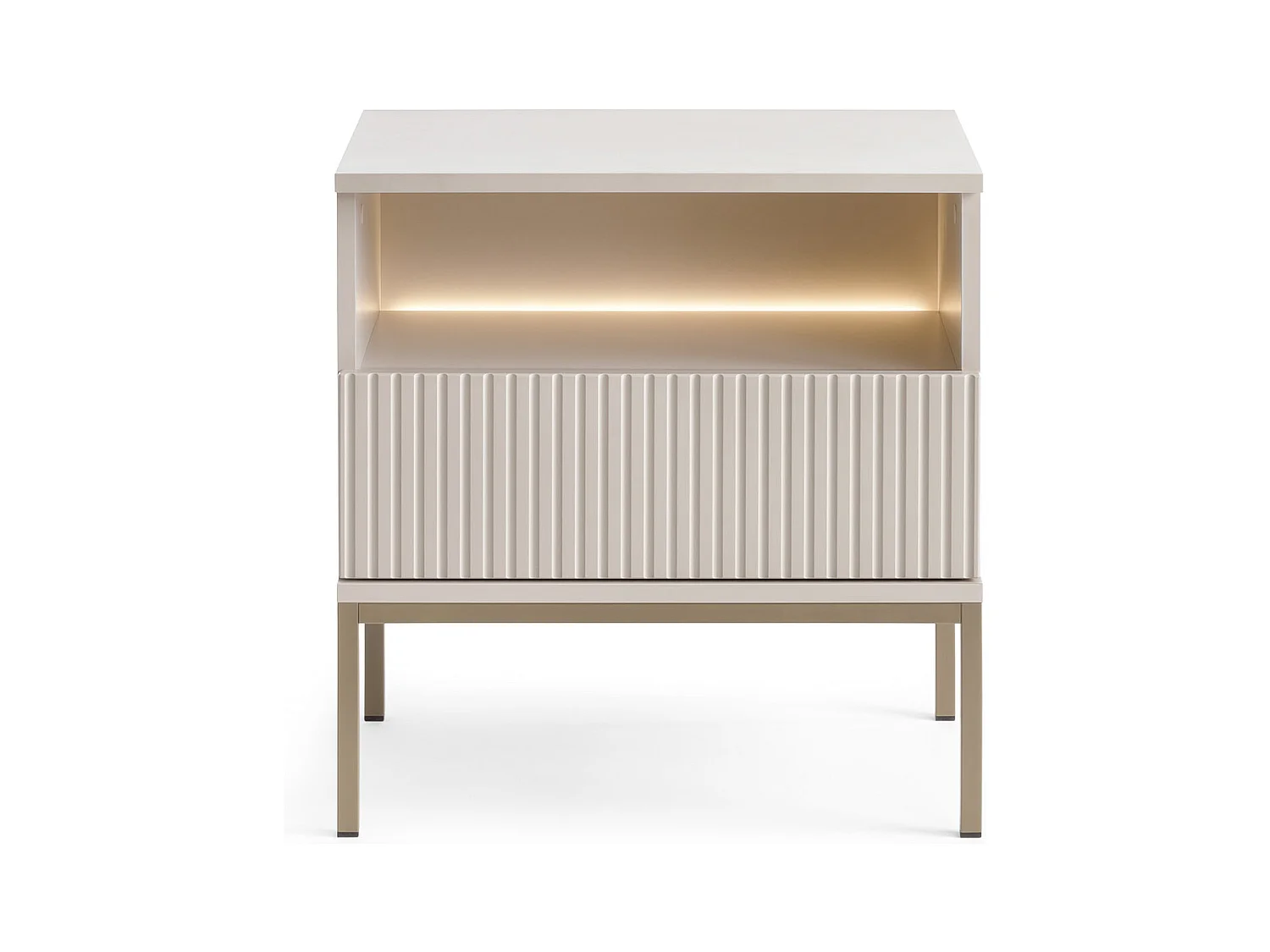Modern nachtkastje met gecanneleerde voorkant, 54×56×39 cm, Kasjmier / Goud