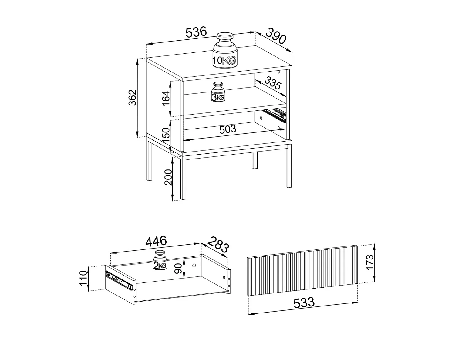 Table de chevet moderne à façade cannelée, 54x56x39 cm, Cachemire / Or