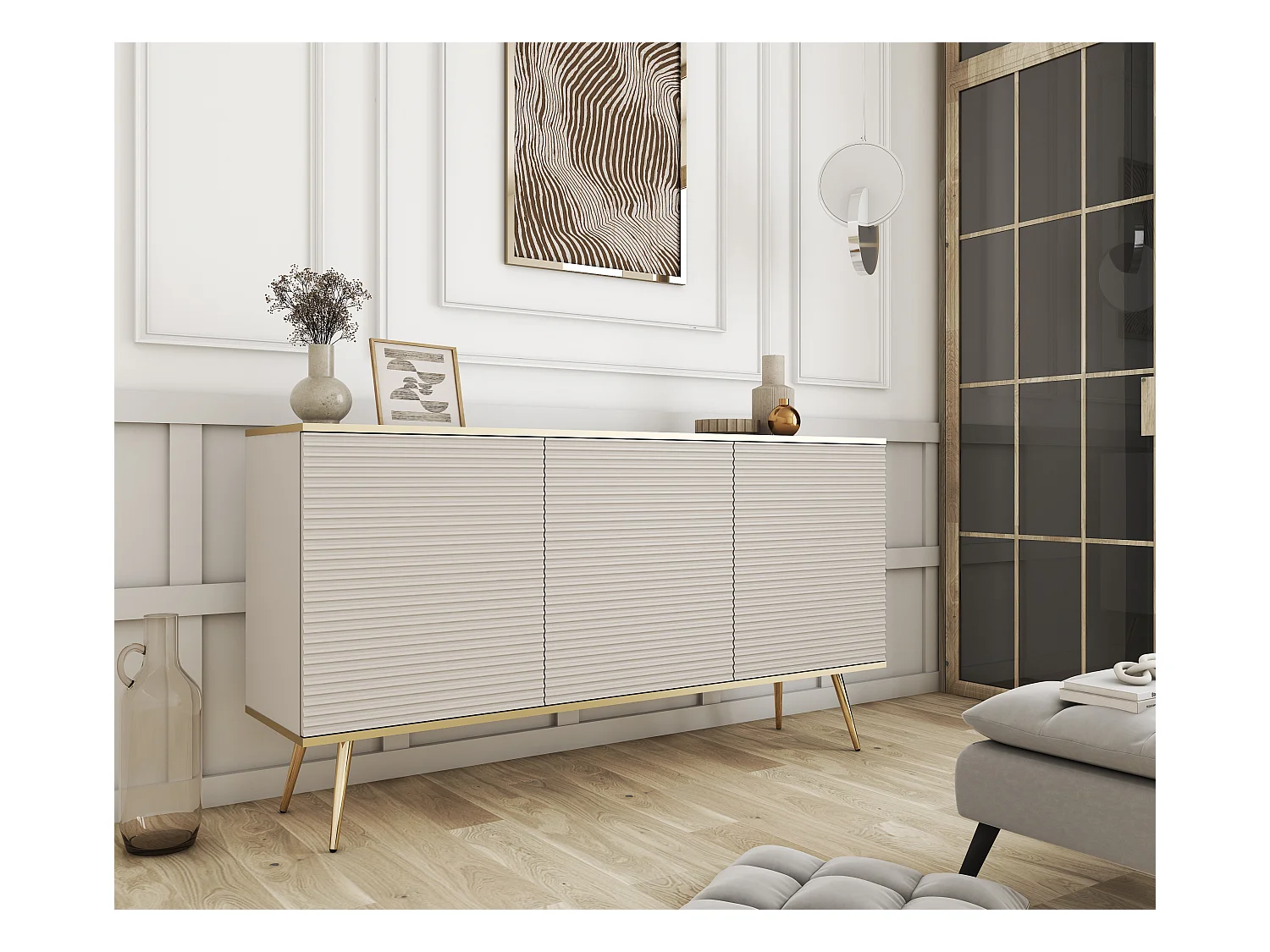 Buffet beige glamour avec pieds dorés, 160 x 85 x 39