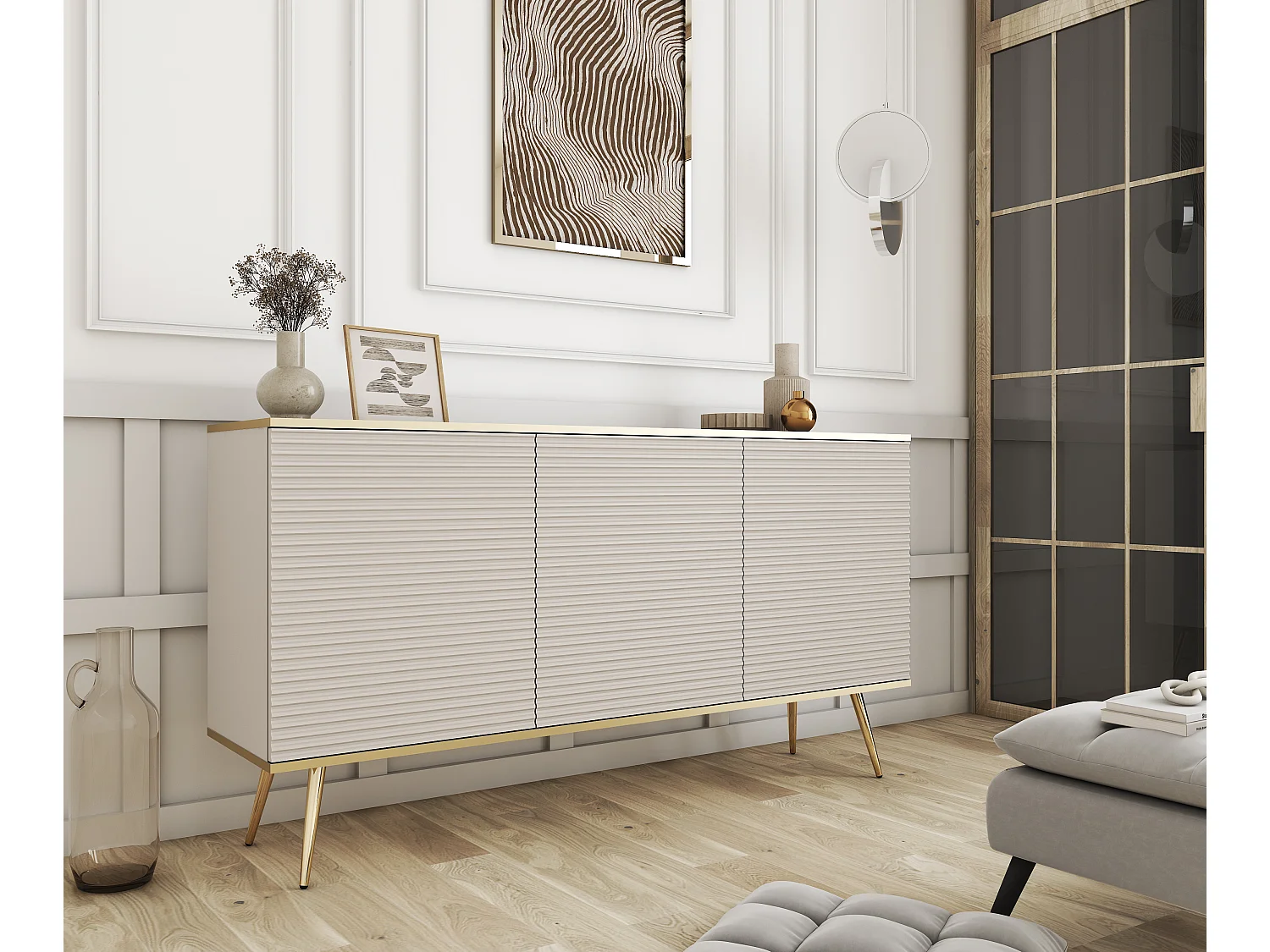 Buffet beige glamour avec pieds dorés, 160 x 85 x 39