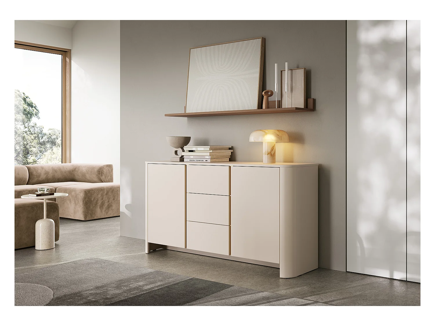 Buffet, Cachemire, 168 x 39 x 84 cm, Meuble moderne aux bords arrondis