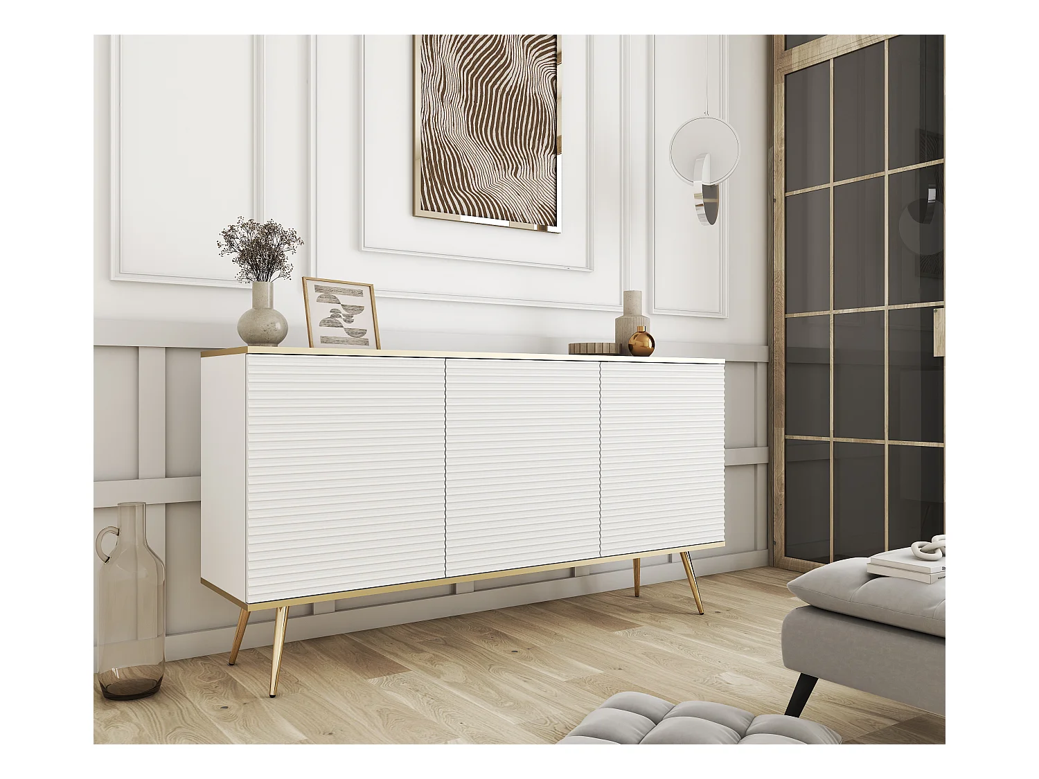 Buffet blanc glamour avec pieds dorés, 160 x 85 x 39