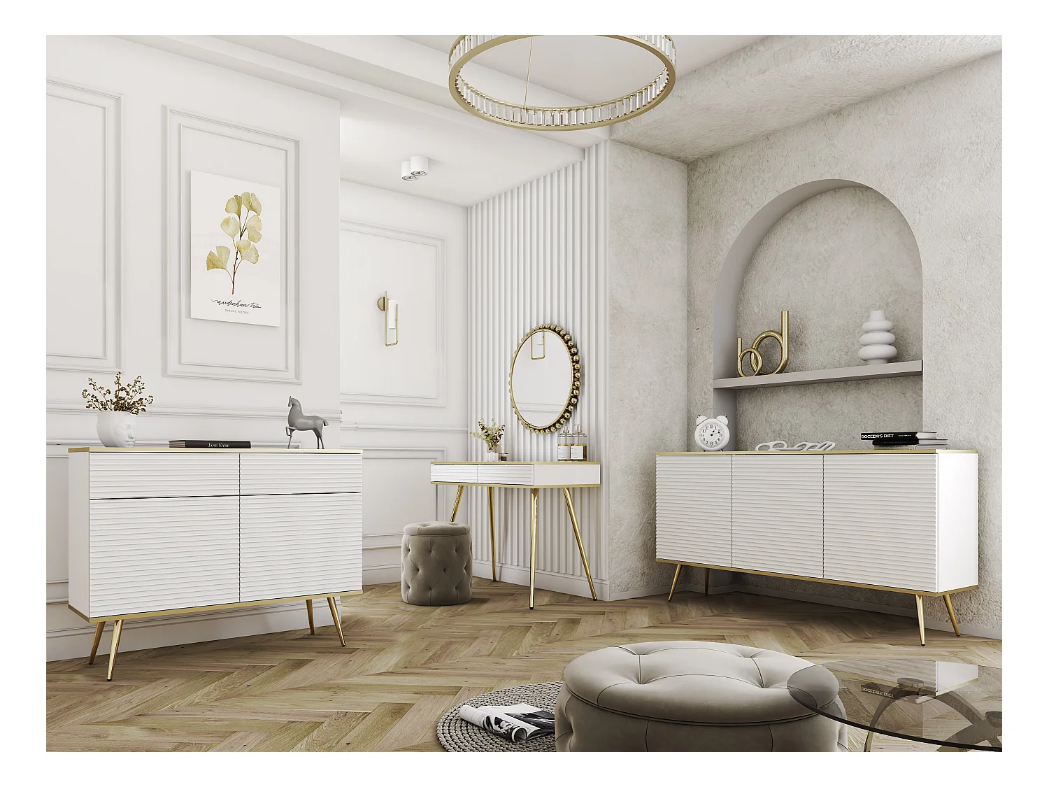 Buffet blanc glamour avec pieds dorés, 160 x 85 x 39