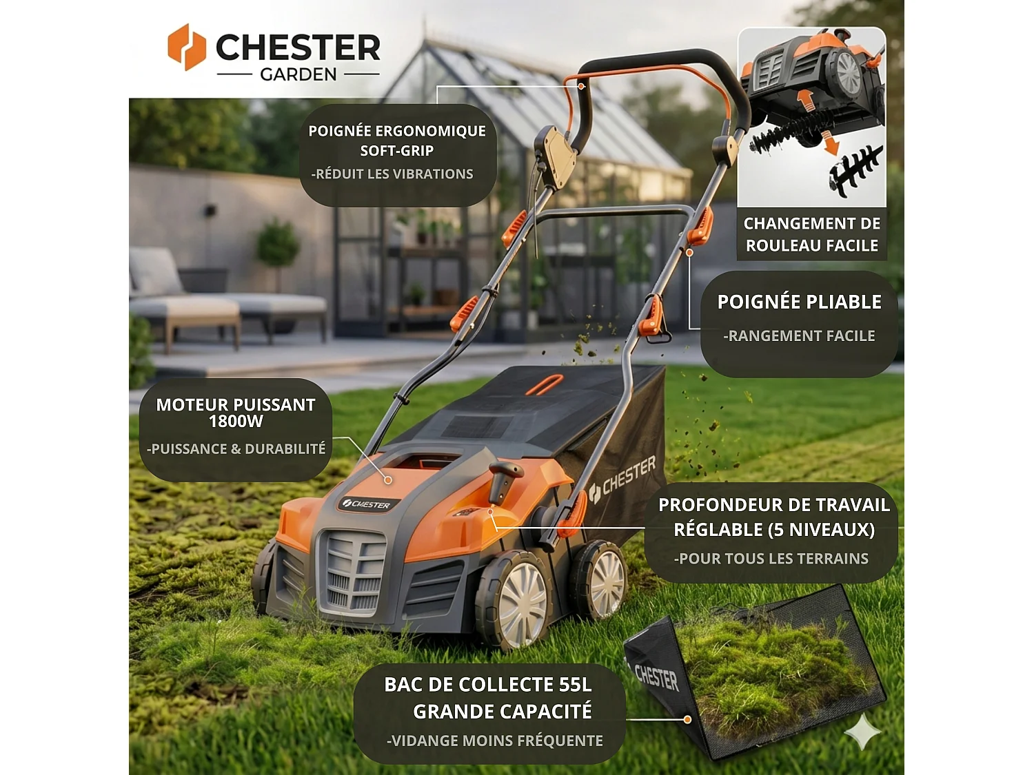 Scarificateur émousseur électrique 2 en 1 pour pelouse - 1800w - 40cm - CHESTER