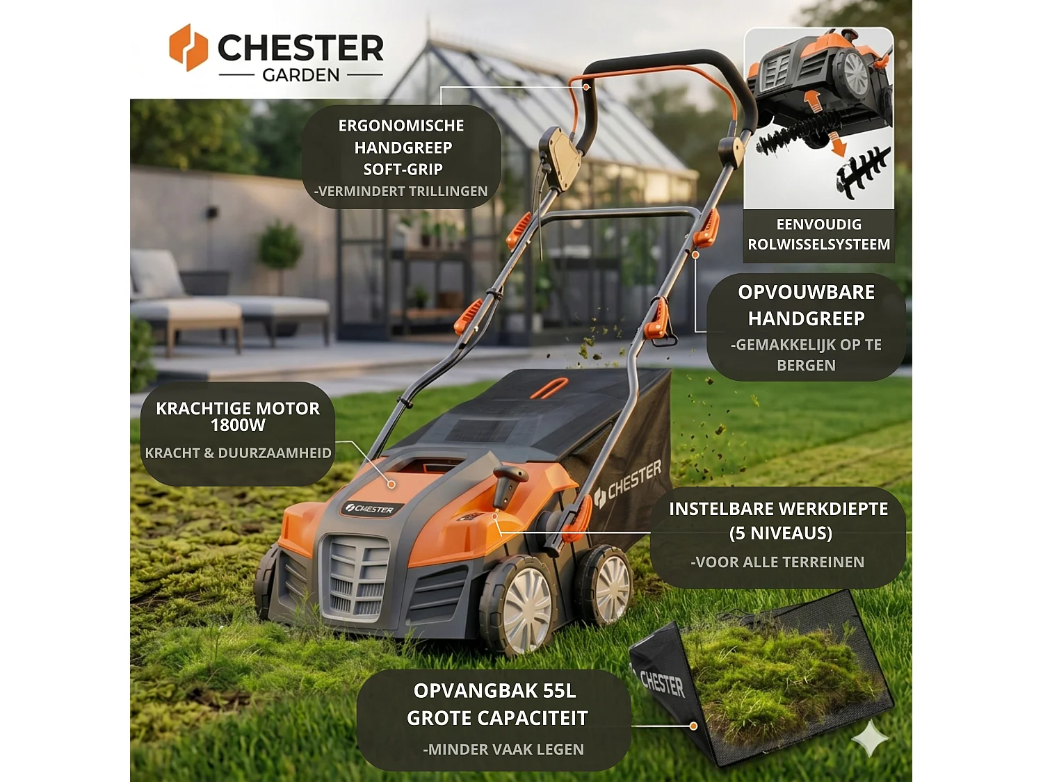 Scarificateur émousseur électrique 2 en 1 pour pelouse - 1800w - 40cm - CHESTER