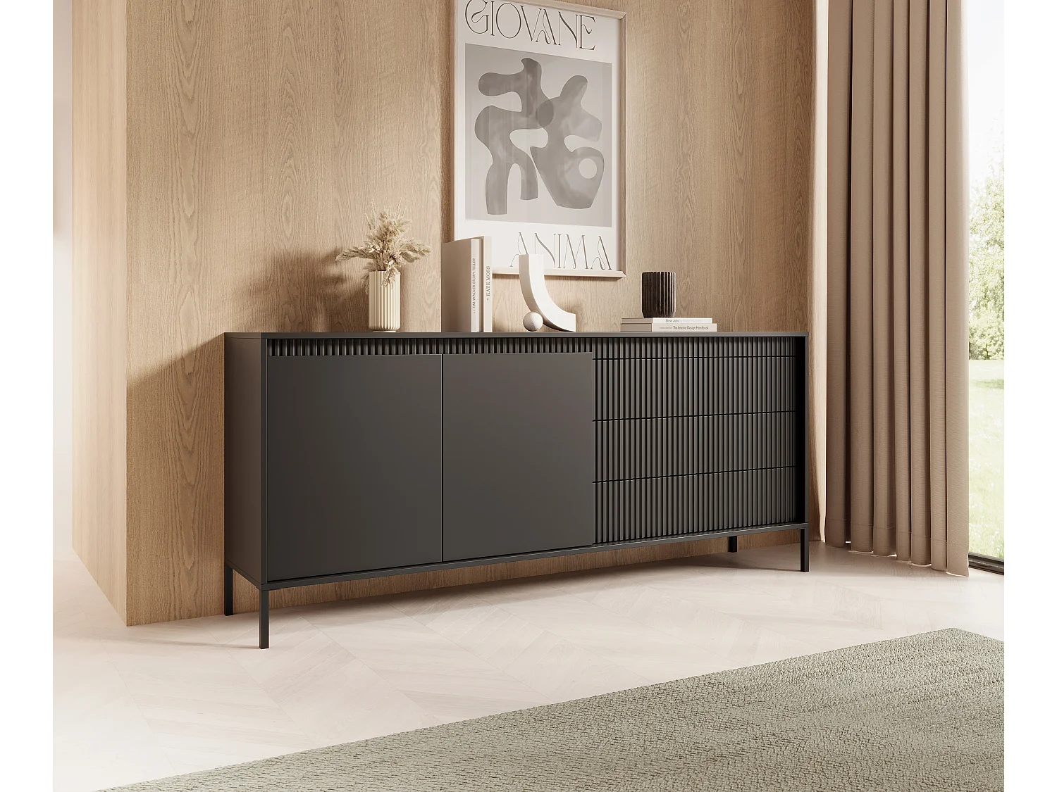 AX LIVING Trentinis 187 2T3S grote zwarte ladekast – 187,1 cm breed