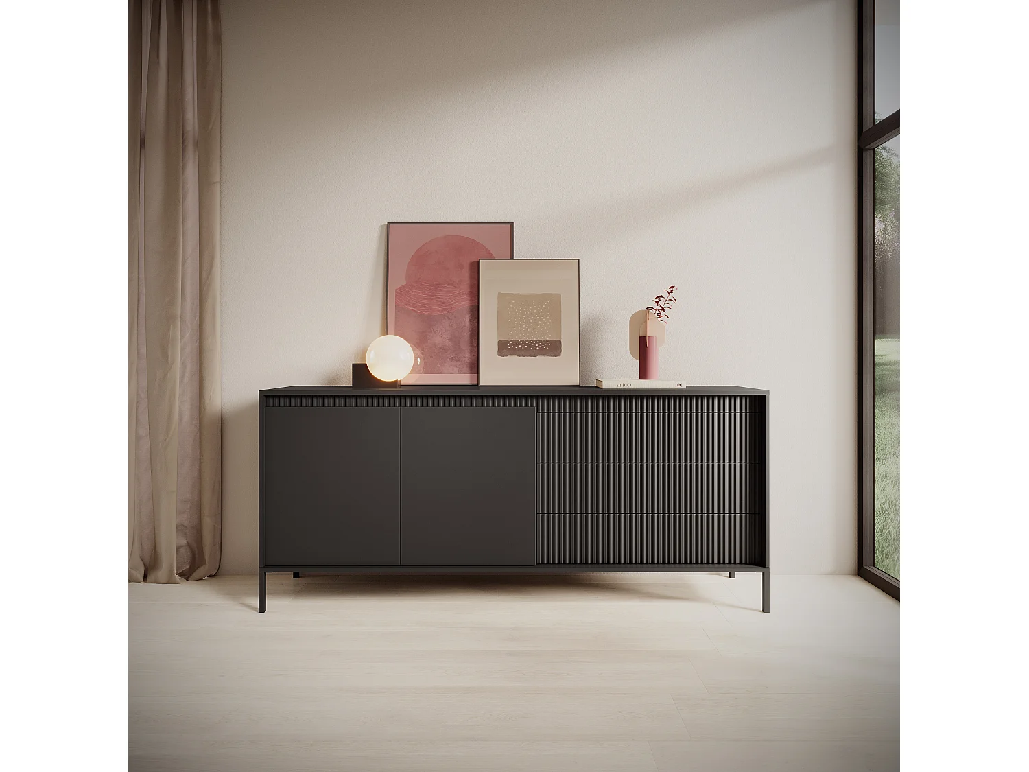 AX LIVING Trentinis 187 2T3S grote zwarte ladekast – 187,1 cm breed