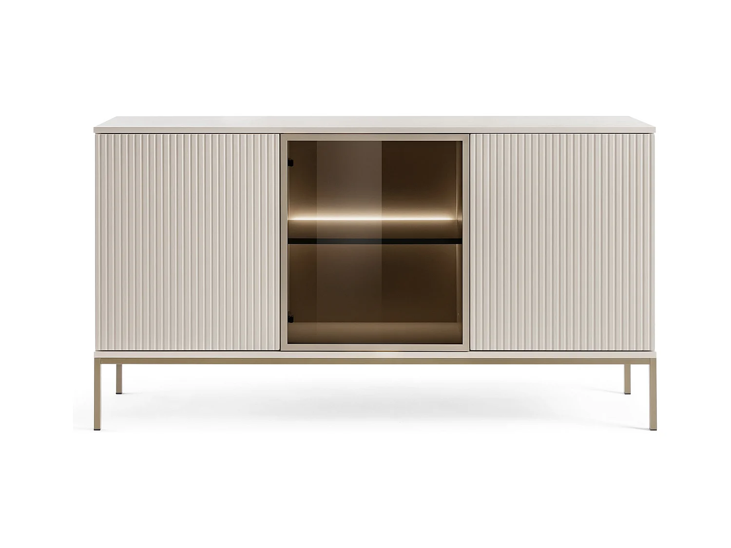 Cassettiera moderna ampia con ante e frontale scanalato 154×83×39 cm, Cashmere / Oro