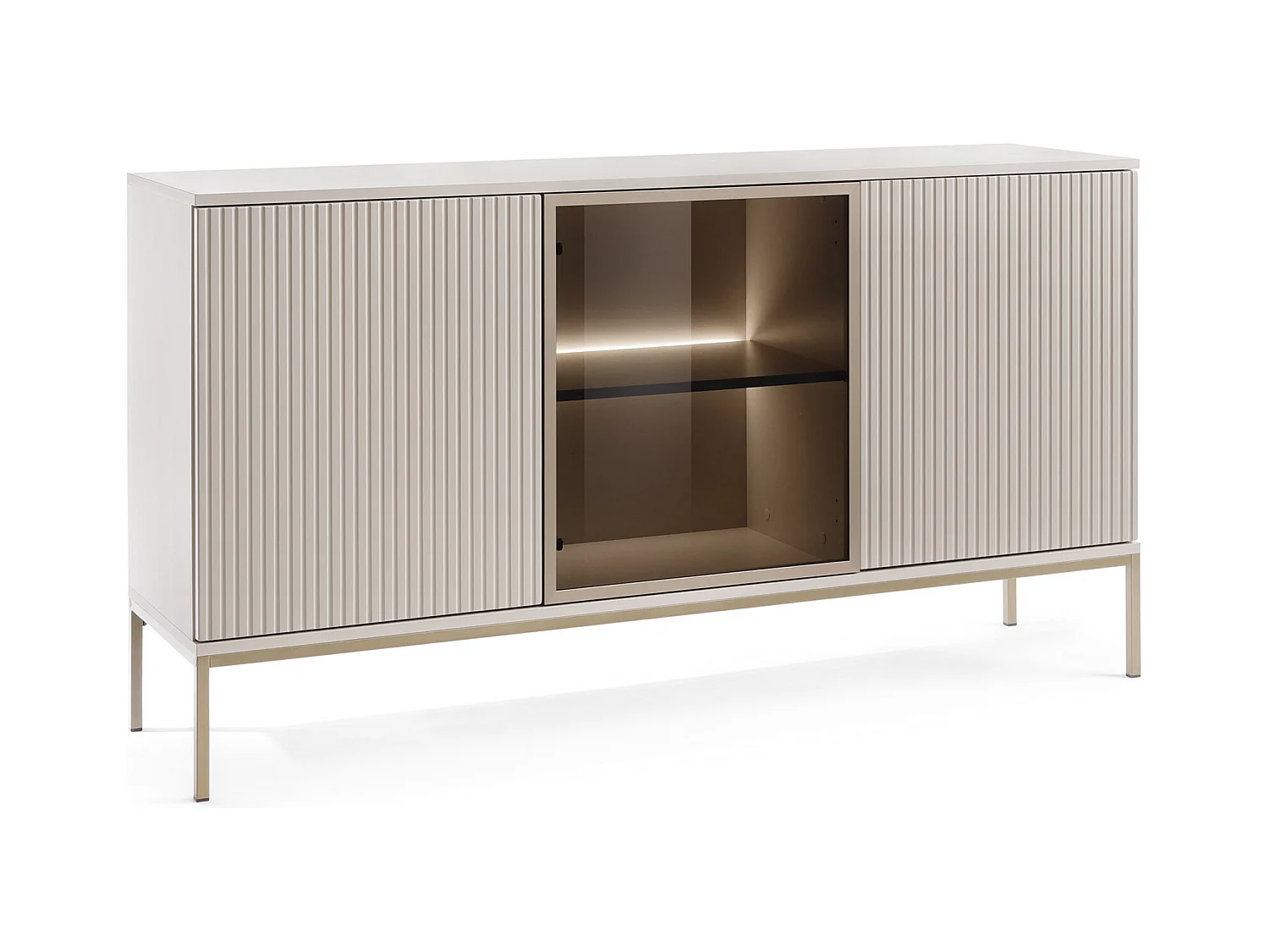Cassettiera moderna ampia con ante e frontale scanalato 154×83×39 cm, Cashmere / Oro