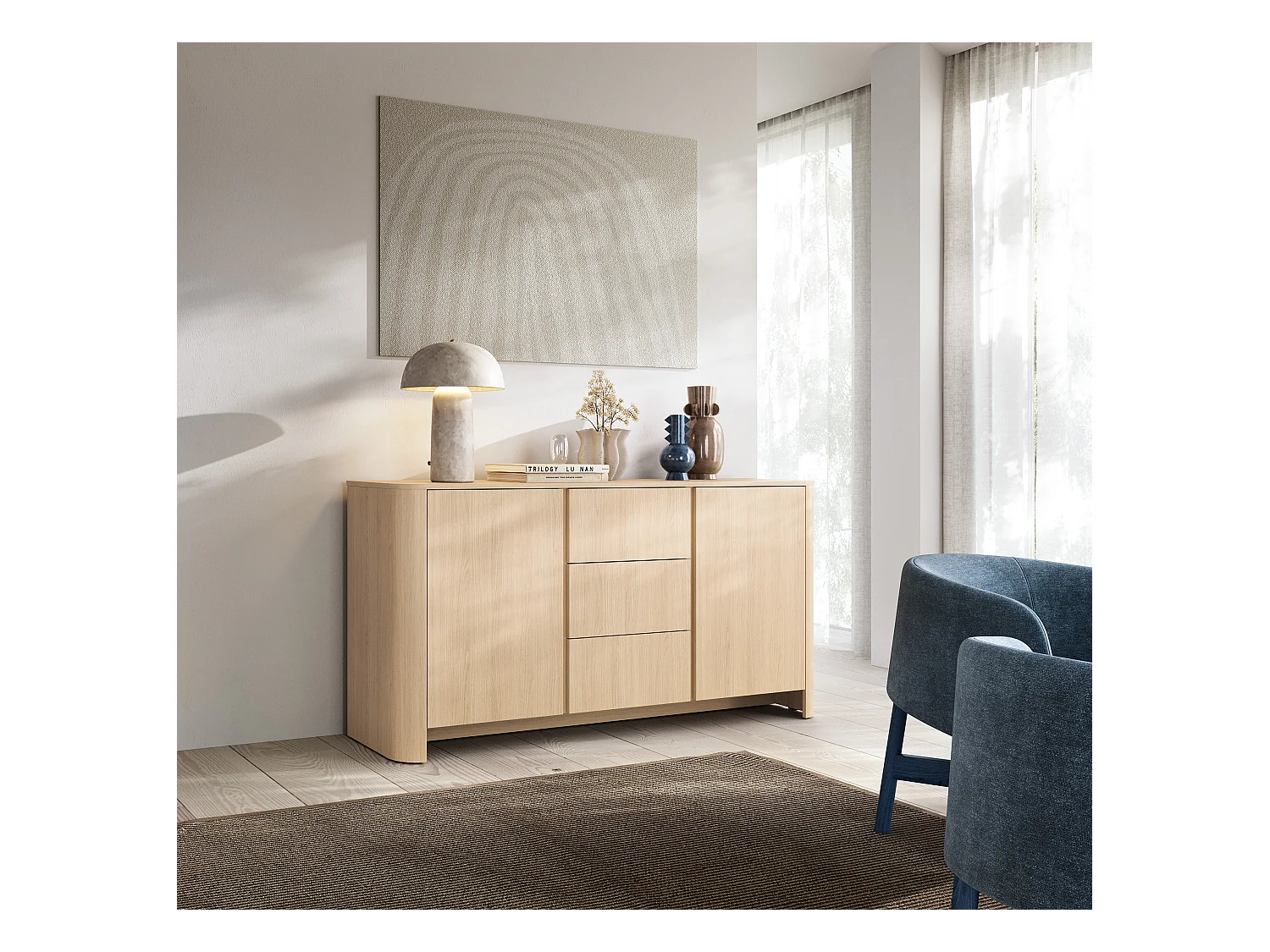 Buffet, Chêne Vicenza, 103 x 39 x 132 cm, Meuble moderne aux bords arrondis