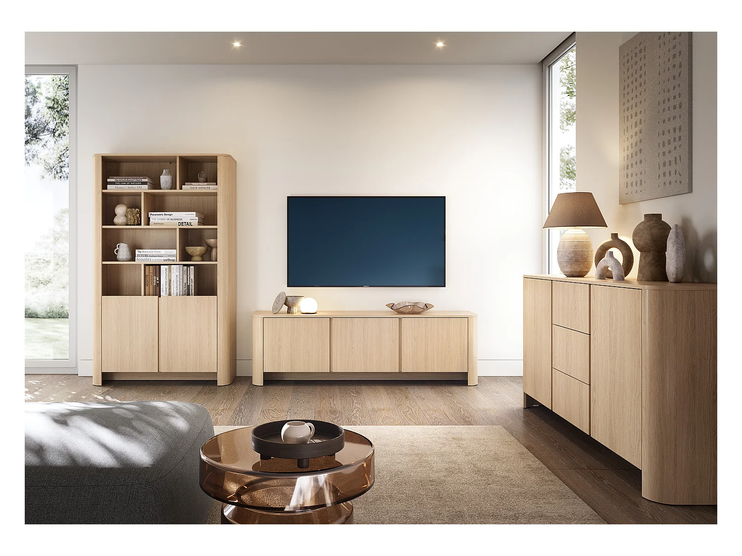 Buffet, Chêne Vicenza, 103 x 39 x 132 cm, Meuble moderne aux bords arrondis