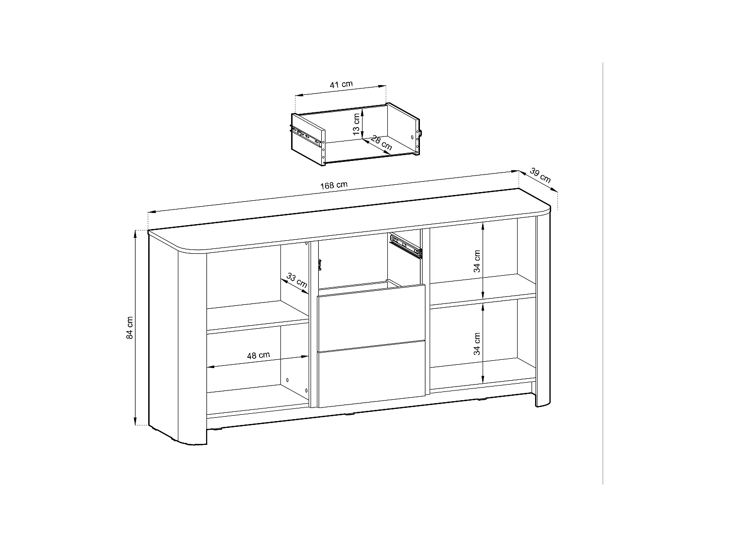 Buffet, Chêne Vicenza, 103 x 39 x 132 cm, Meuble moderne aux bords arrondis