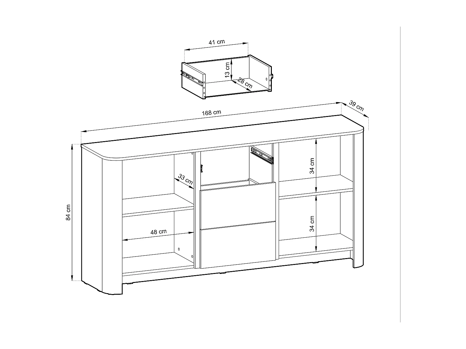 Buffet, Chêne Vicenza, 103 x 39 x 132 cm, Meuble moderne aux bords arrondis